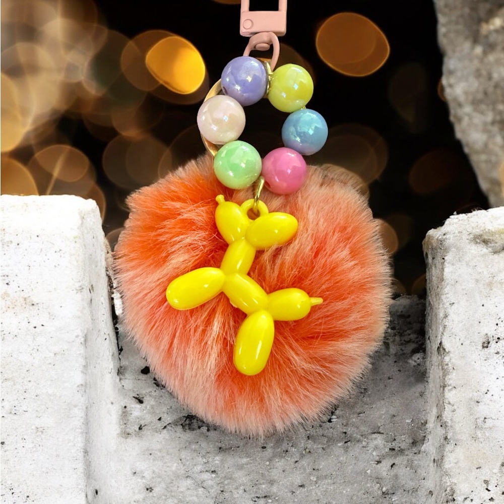 Colorful Pom Pom Keychain with Balloon Dog Charm